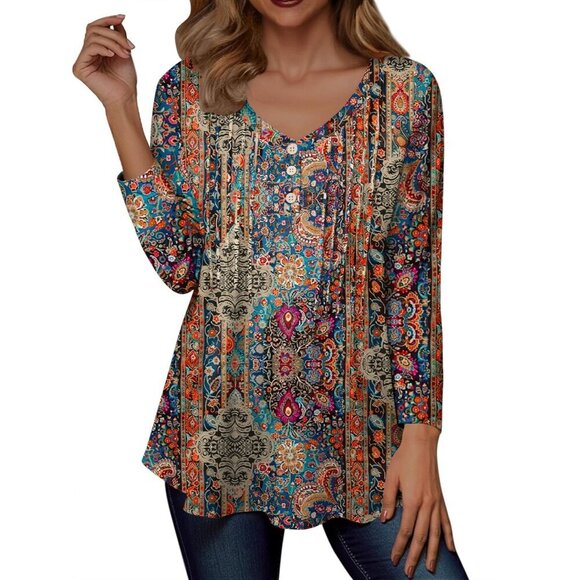 Women's V-Neck Long Sleeve Blouse Pleated Print Casual Tunic Stylish - Picture 2 of 4